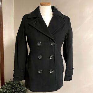 NWT LAND’S END women’s black double breasted Wool Cashmere Pea Coat / jacket 2P